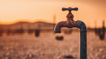 Serious global issue concept. Rusty faucet against a blurred sunset landscape, evoking a sense of nostalgia and decay.