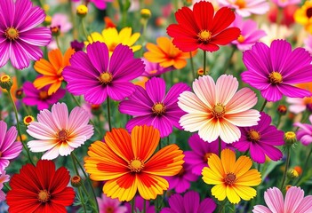 Fototapeta premium Vibrant cosmos flowers in full bloom, vector illustration, perfect for textile design, design element, graphic