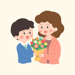 A student giving a bouquet of flowers to their teacher on Teacher's Day, Vector
