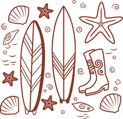 Brown outlined surfboard, seashells, starfish, and a boot create a cute summer beach vibe
