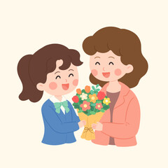 A student giving a bouquet of flowers to their teacher on Teacher's Day, Vector