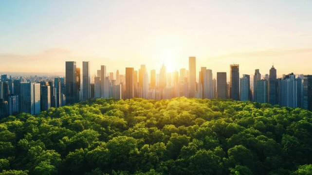 Lush Green City Park Skyline Sunrise Urban Landscape with Trees and Buildings