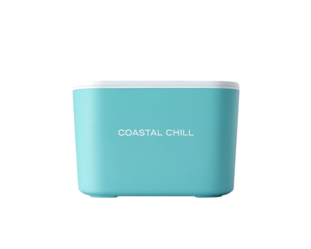 Isolated turquoise cooler with coastal chill text on a black background in a studio setting view
