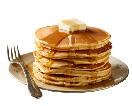 A stack of pancakes with butter and syrup on a plate with a fork ready to be eaten for breakfast