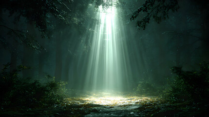 Ethereal luminescence illuminates a misty forested glade where light beams dance amidst shadowed trees
