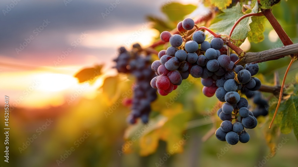 Aufkleber clusters of ripe grapes hang from the vine, illuminated by the warm glow of a sunset. vibrant colors