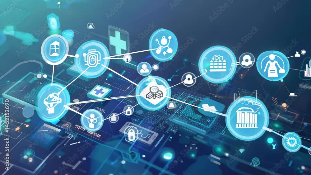 Poster this image showcases a digital technology concept featuring various icons and data visualization ele