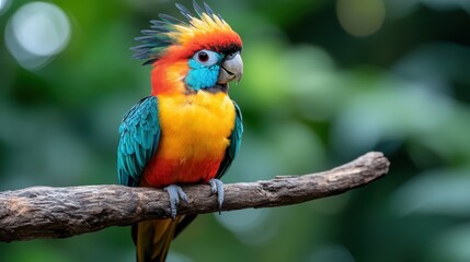 Fototapeta premium A vibrant parrot showcasing its striking plumage, perched on a branch, surrounded by a lush green background, captivating with its vivid colors and unique features.
