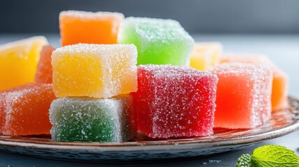 Brightly colored, sugar-coated jelly cubes arranged artistically on a plate, showcasing a variety of flavors and textures that evoke joy and nostalgia.