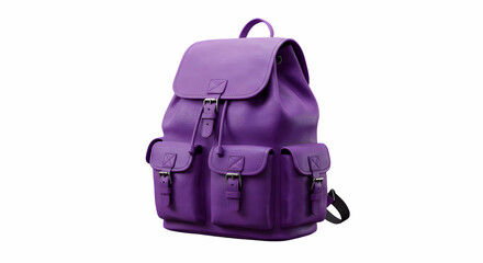 Isolated view of a purple leather backpack with multiple pockets and straps against a white backdrop