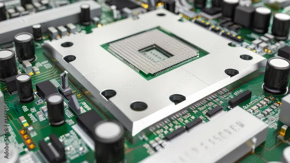 Poster this image features a detailed close-up of an electronic circuit board, showcasing various microchip
