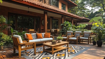 Fototapeta premium Outdoor patio furniture set on a wooden deck with a patterned rug, near a luxury home.