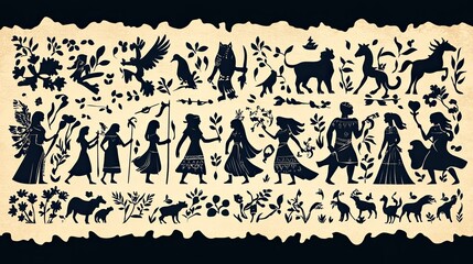 Silhouette figures, mythical creatures, and floral motifs.  Decorative, vintage, and stylized