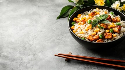A delightful bowl of rice topped with tofu and various green vegetables, beautifully garnished, representing a healthy and flavorful meal option perfect for any occasion.
