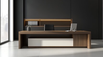 Modern office desk, city view, workspace, minimalist design, corporate setting
