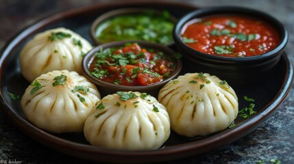 Steamed dumplings with dipping sauces