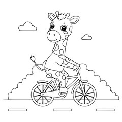 cartoon giraffe on bicycle. animal. coloring page for kids
