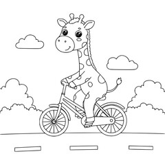 cartoon giraffe on bicycle. animal. coloring page for kids