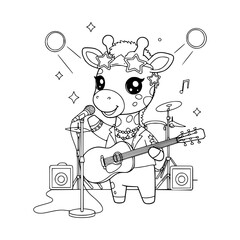 cartoon giraffe playing guitar. animal. coloring page for kids