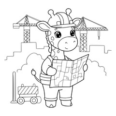 cartoon giraffe in construction site. animal. coloring page for kids