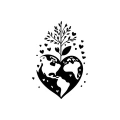 Silhouette illustration depicting earth shaped as heart with a tree growing
