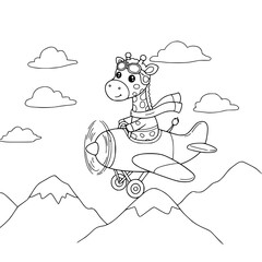 cartoon giraffe on plane. animal. coloring page for kids