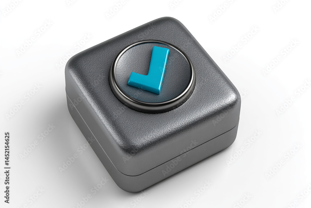 Aufkleber gray square box with a blue checkmark button, showcasing a minimalist design concept, ideal for app 