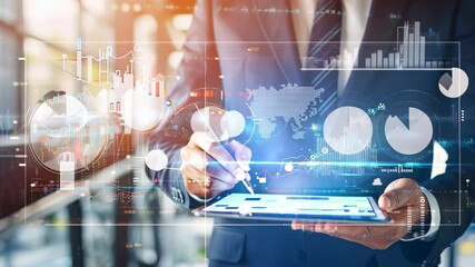 A businessman analyzes financial data using a tablet in a modern office setting. The vibrant visuals highlight graphs, charts, and digital tools essential for effective decision-making. - Powered by Adobe
