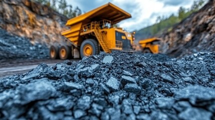 Obraz premium Massive Mining Operation: Heavy Duty Trucks Excavating Coal