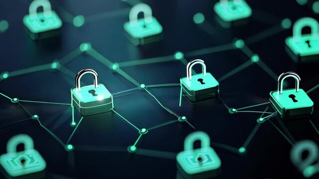 Abstract digital security concept displaying locks interlinked through a network. This image emphasizes protection, data safety, and modern technology solutions.