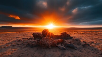 A beautiful rocky landscape bathed in twilight, where the glowing horizon meets the rugged texture of the terrain, creating a visually stunning and peaceful scene.