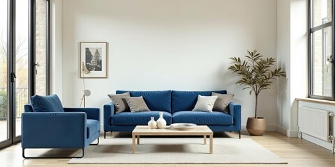 Modern Living Room Interior Design Featuring a Plush Blue Sofa and Complementary Armchair