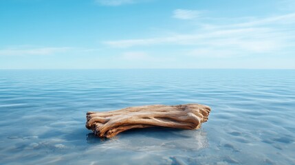 A large piece of driftwood floats gently on the crystal-clear water, embracing the purity of nature&rsquo;s beauty in a captivating yet simple composition.