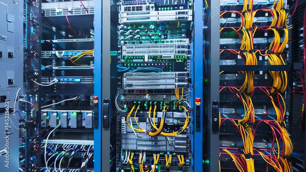 Poster close-up view of a server rack filled with equipment and colorful cables. this image showcases moder