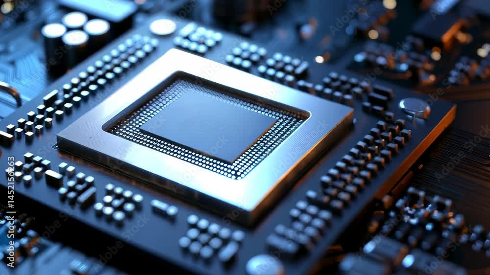 Poster detailed close-up of a microprocessor on a circuit board, showcasing advanced technology and intrica