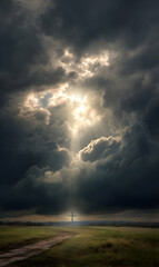 Fototapeta premium A solitary cross illuminated by radiant sunlight breaking through dramatic stormy clouds above a grassy field