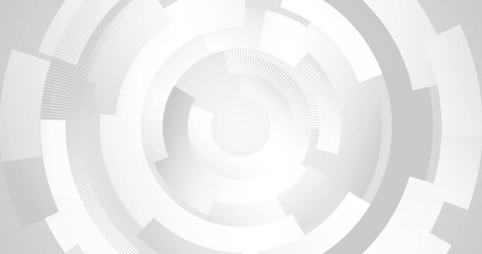 4k animated abstract white and grey modern light silver background elegant circle shape design. Creative HUD technology round seamless loop animation. 3d corporate business dynamic cover. Radio dashes