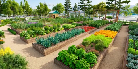 Obraz premium A vibrant community garden with raised beds, lush vegetables, flowers, and greenery under a clear sky, surrounded by trees and pathways, eco urban farming technique.