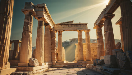 An ancient Greek temple stands tall, showcasing its iconic columns and historical significance in sunlight.
