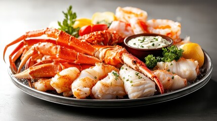 An exquisite seafood platter showcasing an array of shellfish and fish, garnished beautifully, representing the delicacy and art of culinary seafood preparation.