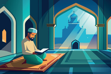 Peaceful Islamic setting with a man reading Quran indoors, light shining through mosque windows in a serene, spiritual environment