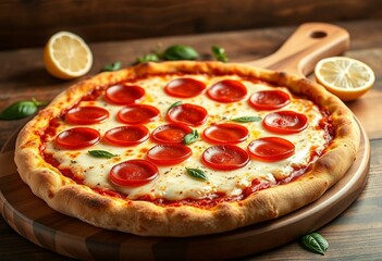 Delicious Pepperoni pizza on a wooden cutting board