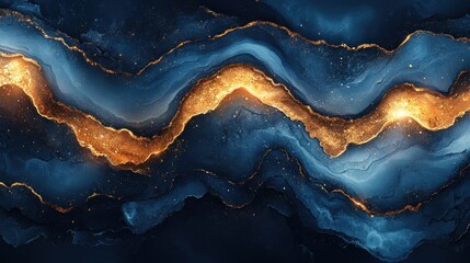 Fototapeta premium Abstract dark blue and gold marbled background with flowing veins