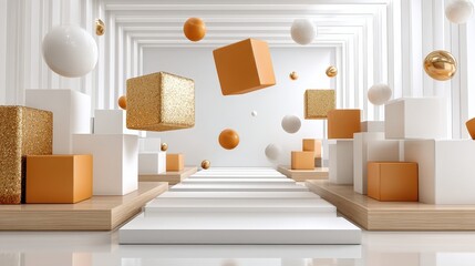 Fototapeta premium Abstract 3D rende features floating geometric shapes like cubes and spheres against a clean white architectural background design element.