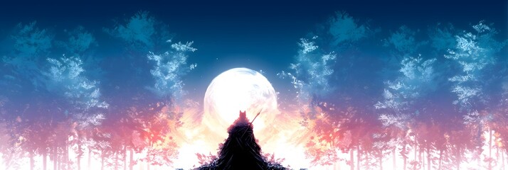 Silhouette under the Moon: An ethereal silhouette stands beneath a radiant full moon, set against a backdrop of a vivid night sky. A sense of solitude and wonder. 