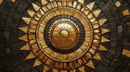 Fototapeta premium Ornate, circular mosaic pattern of dark and gold stones