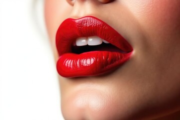 Fototapeta premium Close-up of vibrant red lips against pure white backdrop, color, still life