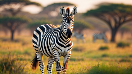 Obraz premium An impressive zebra in its natural habitat, showcasing unique black and white stripes.