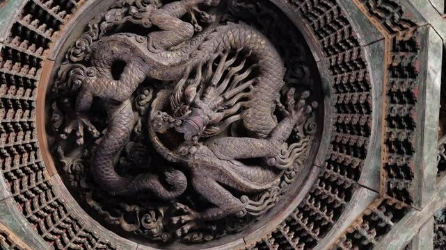 Round caisson ceiling with dragon carving in Temple of Agriculture, Beijing, China