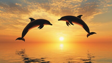 Two dolphins leaping gracefully against a golden sunset, creating a stunning silhouette as their forms contrast with the vibrant hues of the sky and reflect on the tranquil ocean below. © KHF